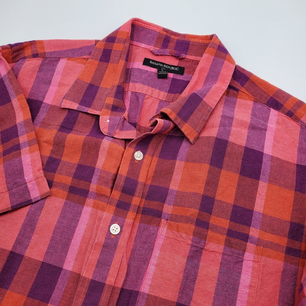 Banana Republic Mens Large Linen Cotton Plaid ShortSleeve Button Down Shirt Pink